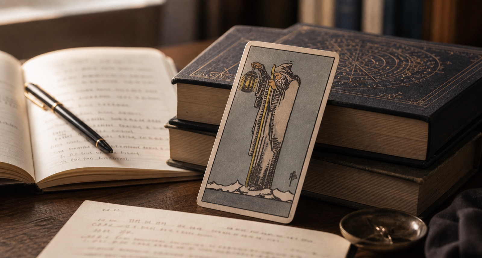 A tarot card with open books and notes