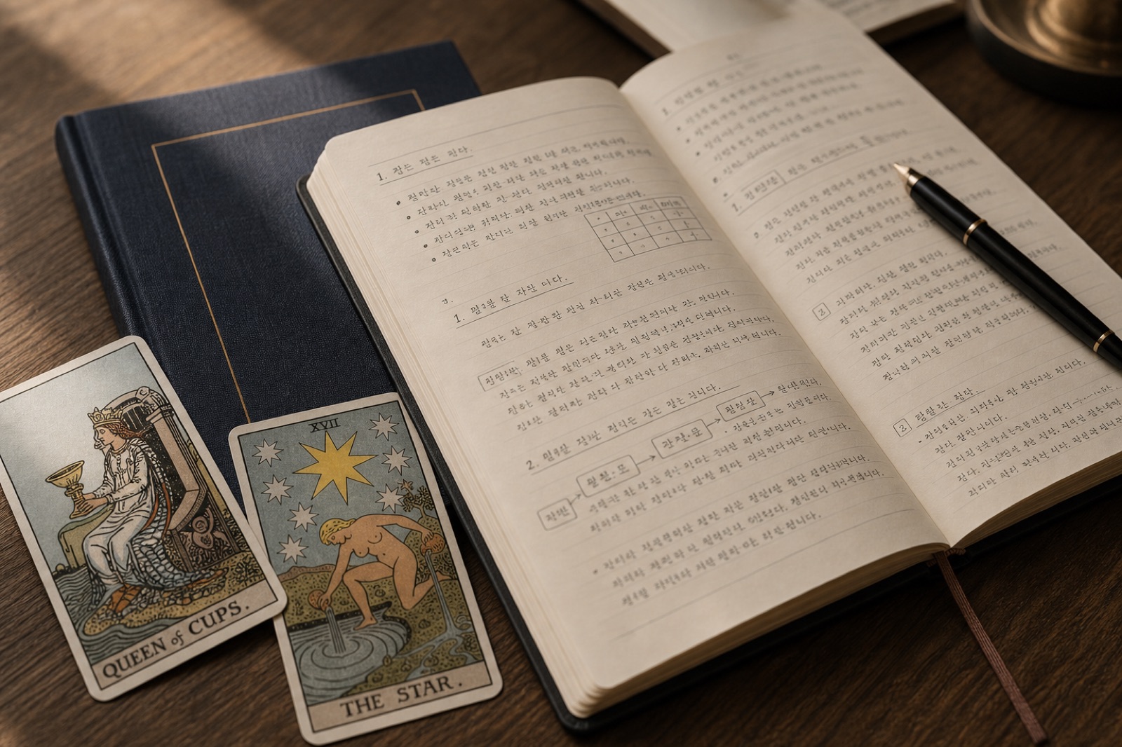 Cards beside a notebook of handwritten notes